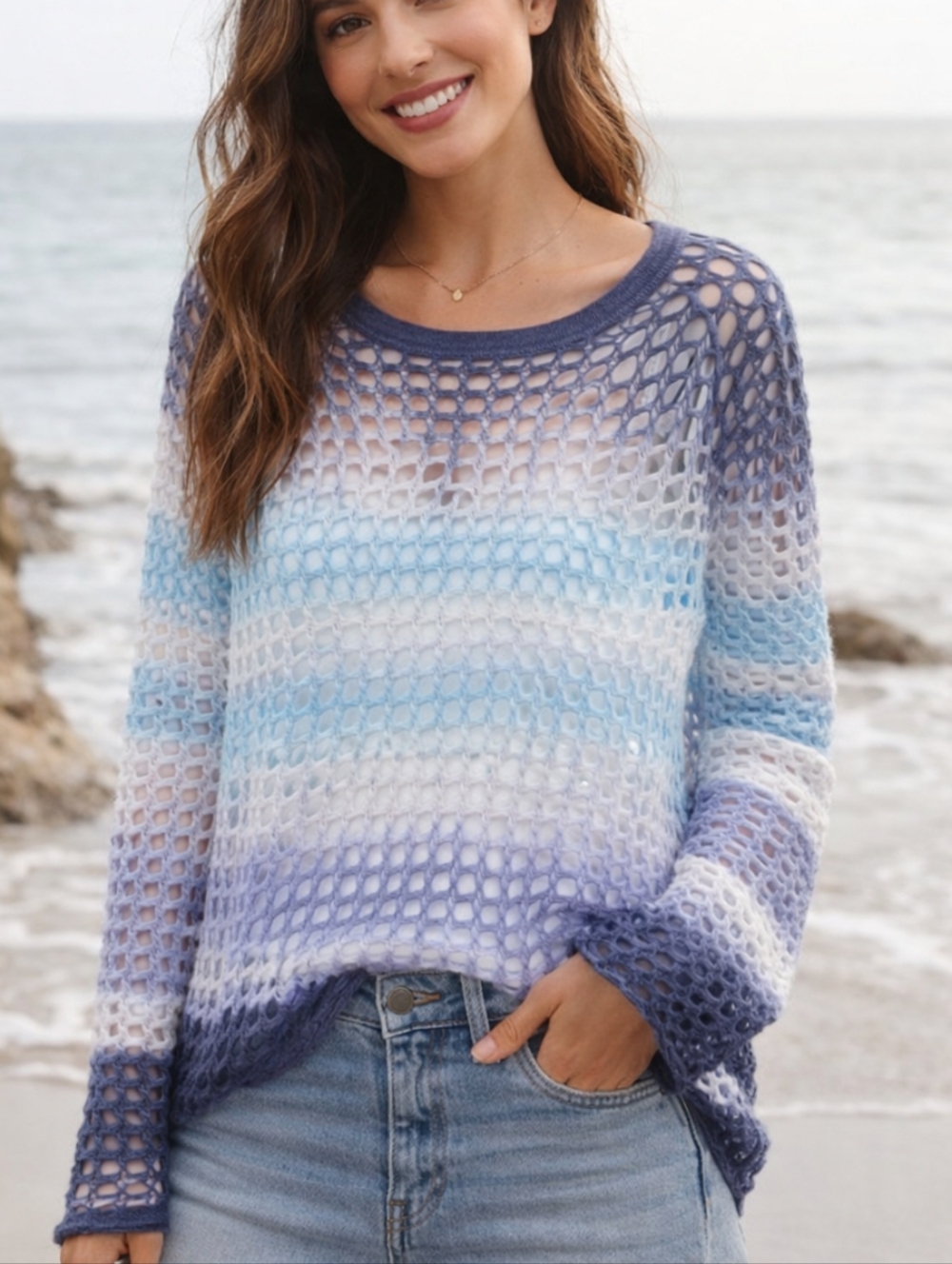 Open Knit Blue Hues Ombre Sweater Medium Minimalist Coastal Boho Beach